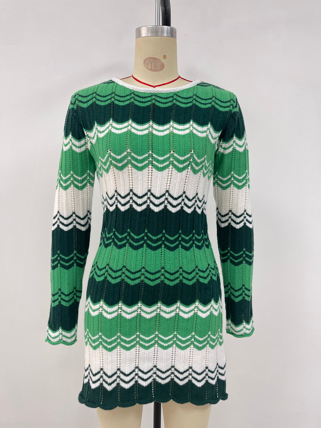 Wavy Stripe Knit Mini Sweater Dress - Green