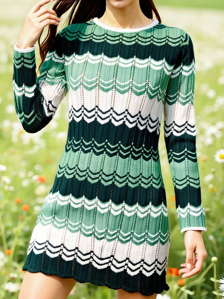 Wavy Stripe Knit Mini Sweater Dress - Green - 1
