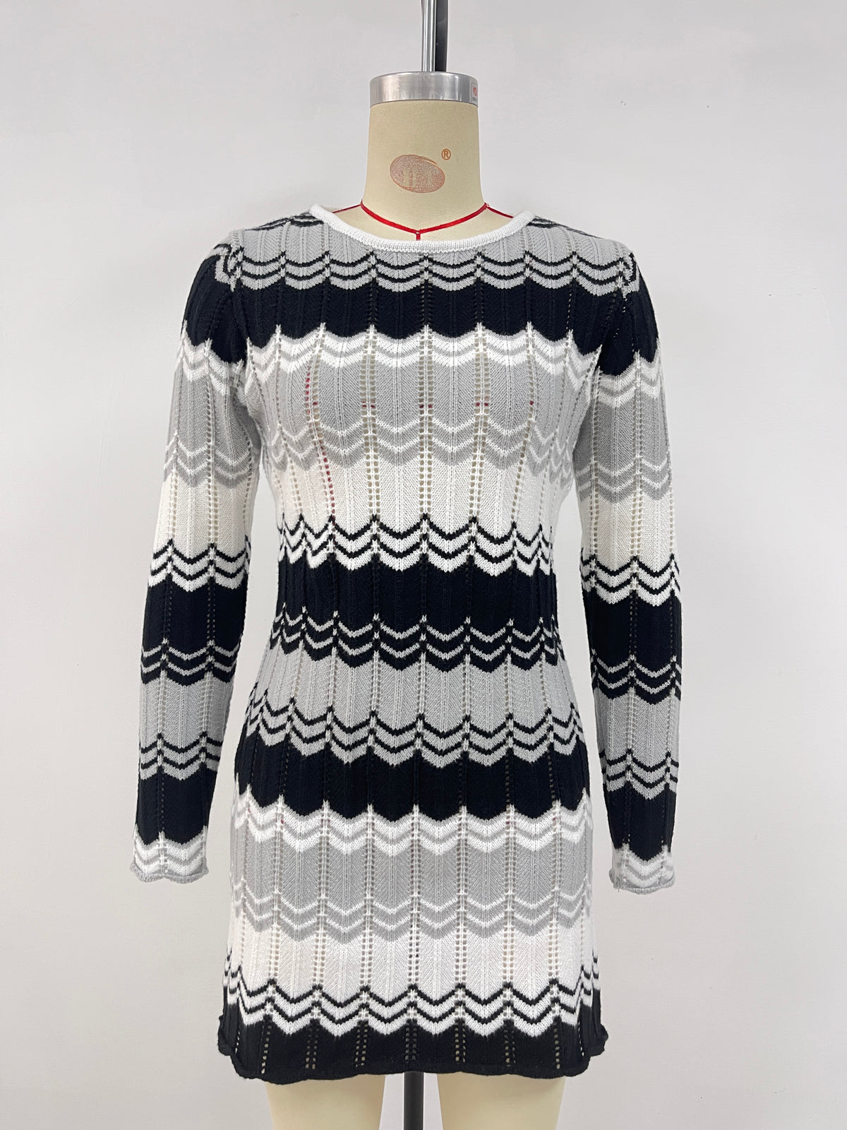 Wavy Stripe Knit Mini Sweater Dress - Grey