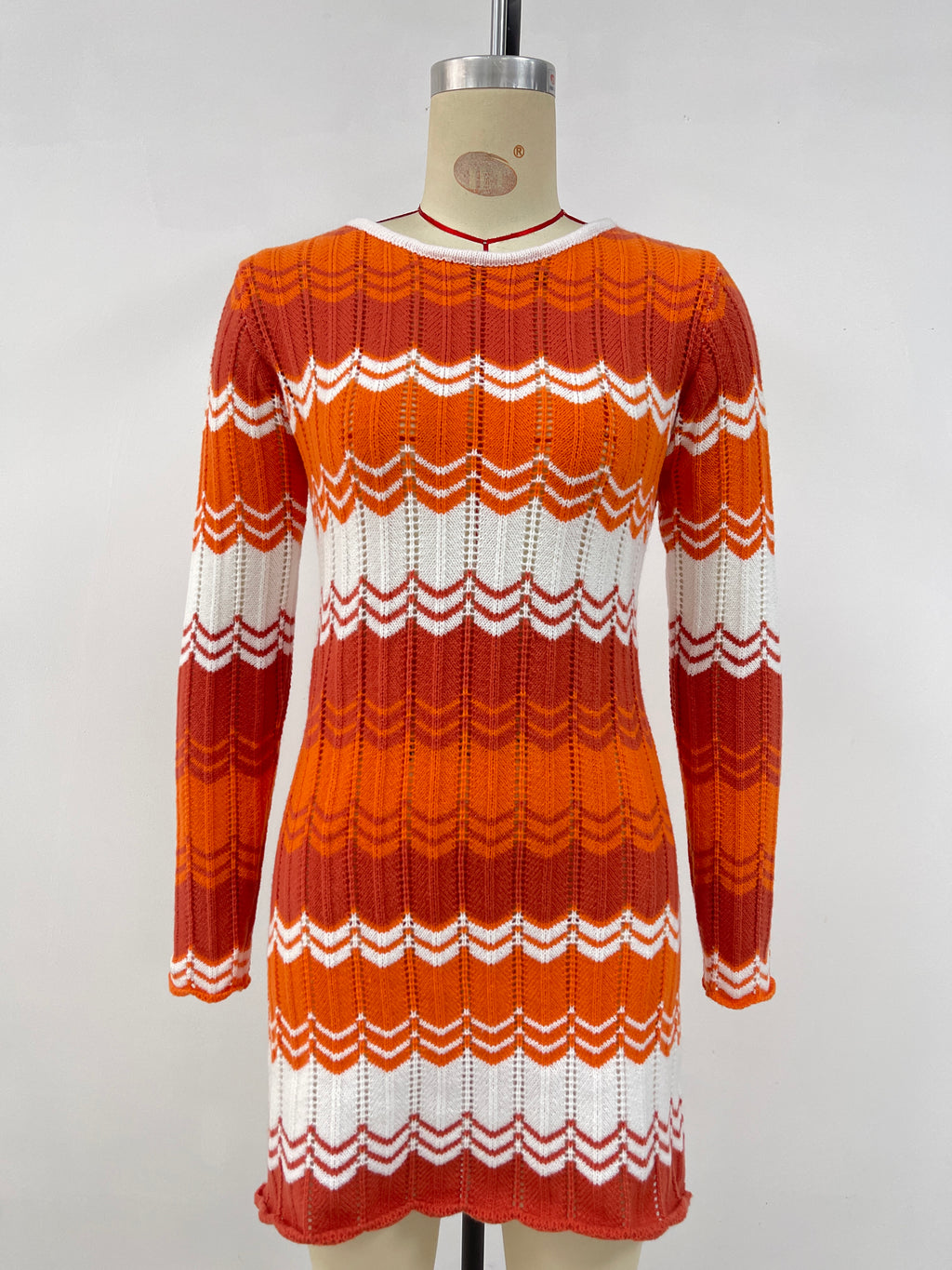 Wavy Stripe Knit Mini Sweater Dress - Orange