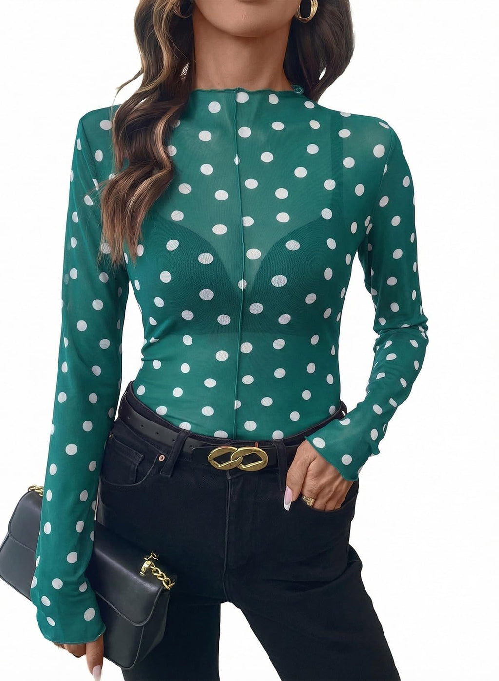 Sheer Mesh Polka Dot Mock Neck Blouse - Green