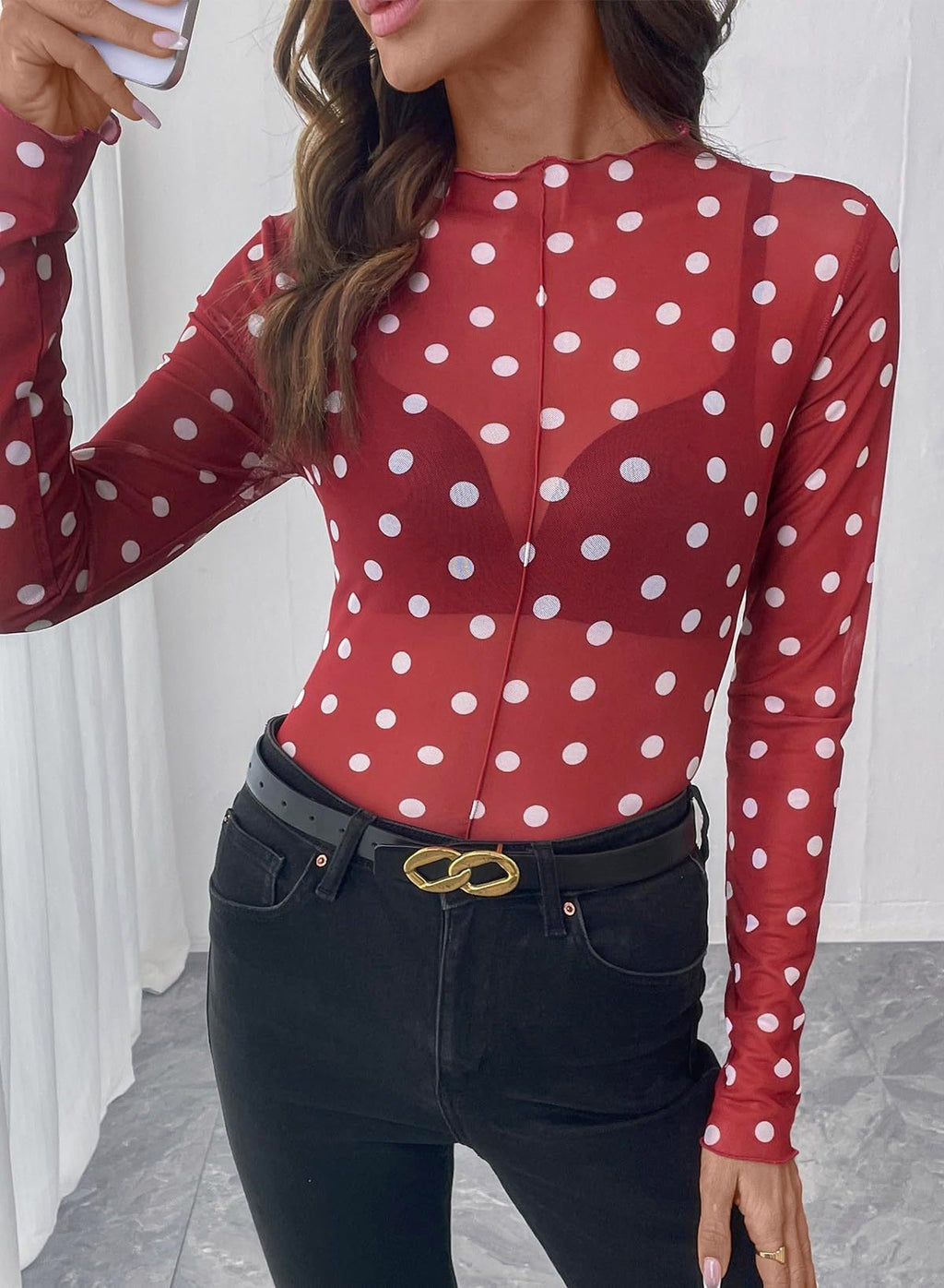 Sheer Mesh Polka Dot Mock Neck Blouse - Red