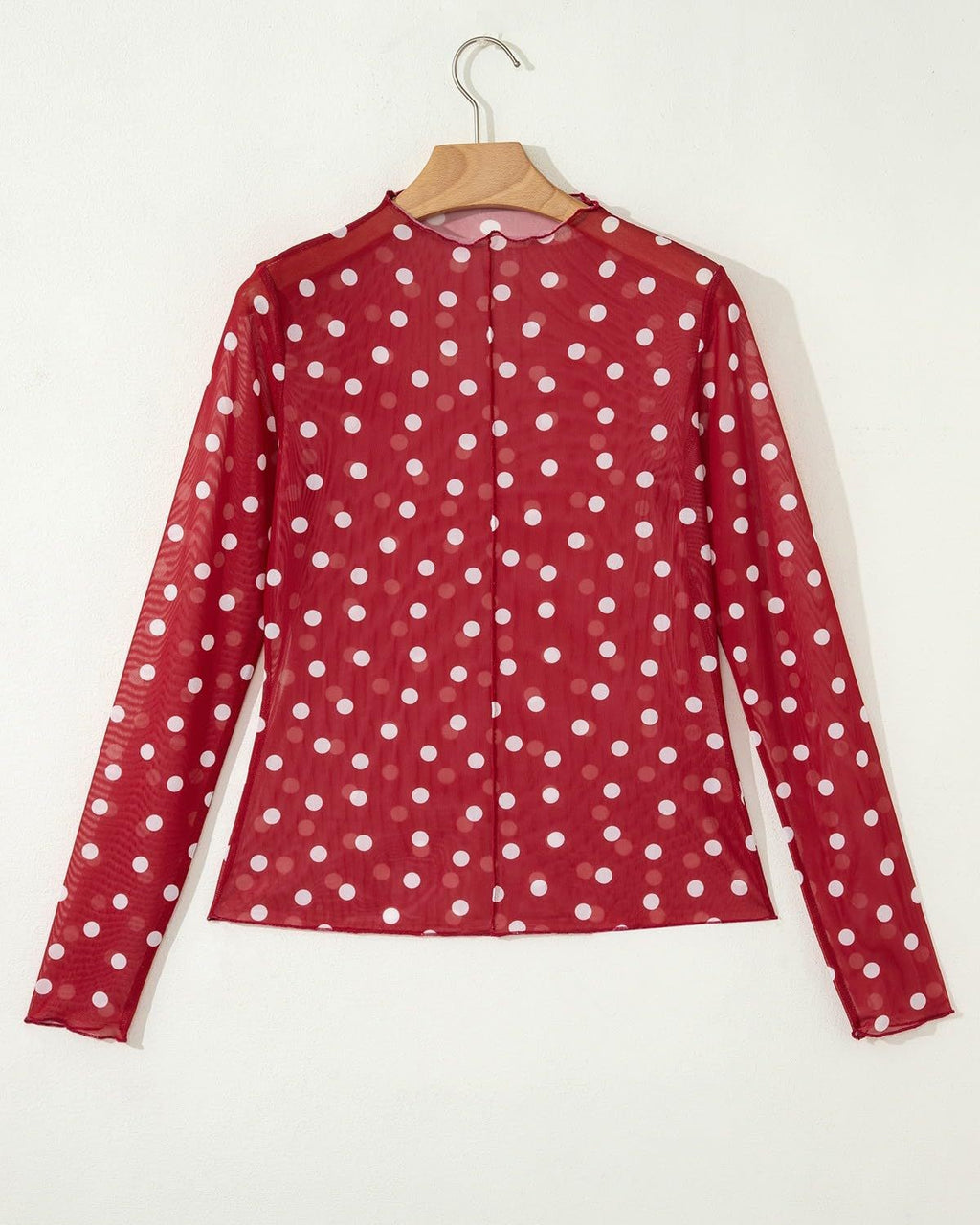 Sheer Mesh Polka Dot Mock Neck Blouse - Red - 2
