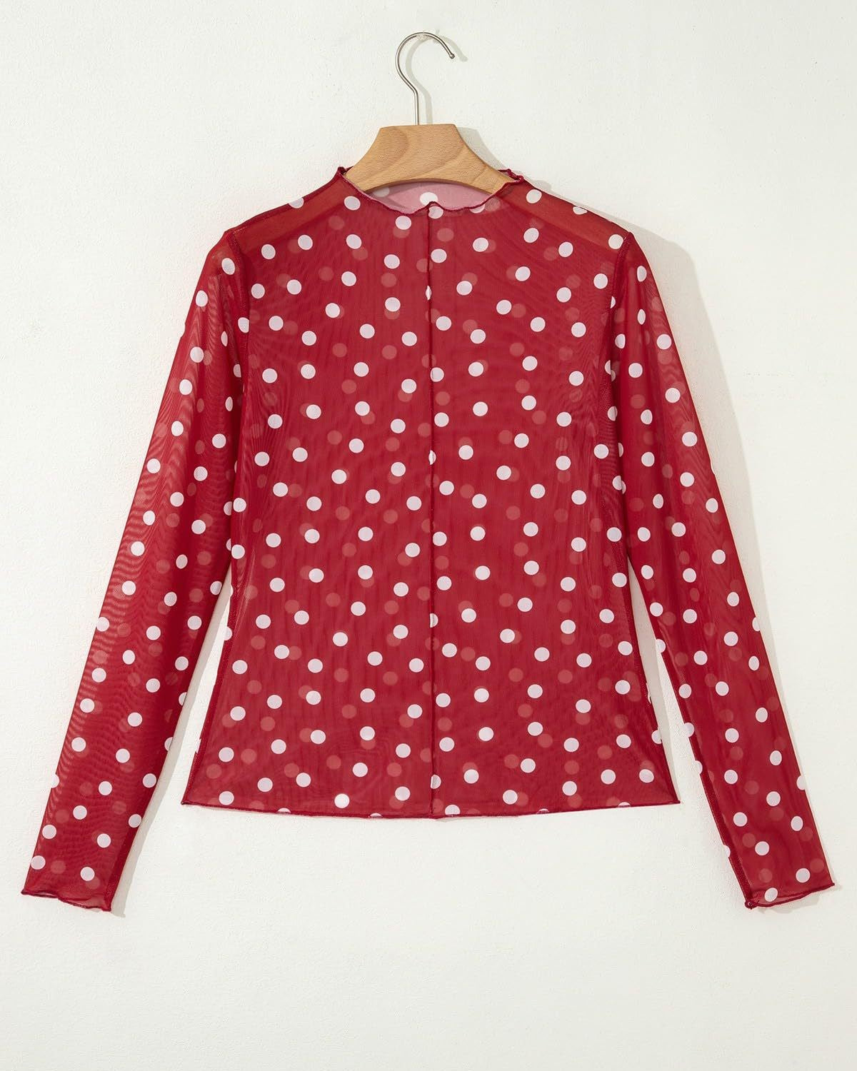 Sheer Mesh Polka Dot Mock Neck Blouse - Red - 2