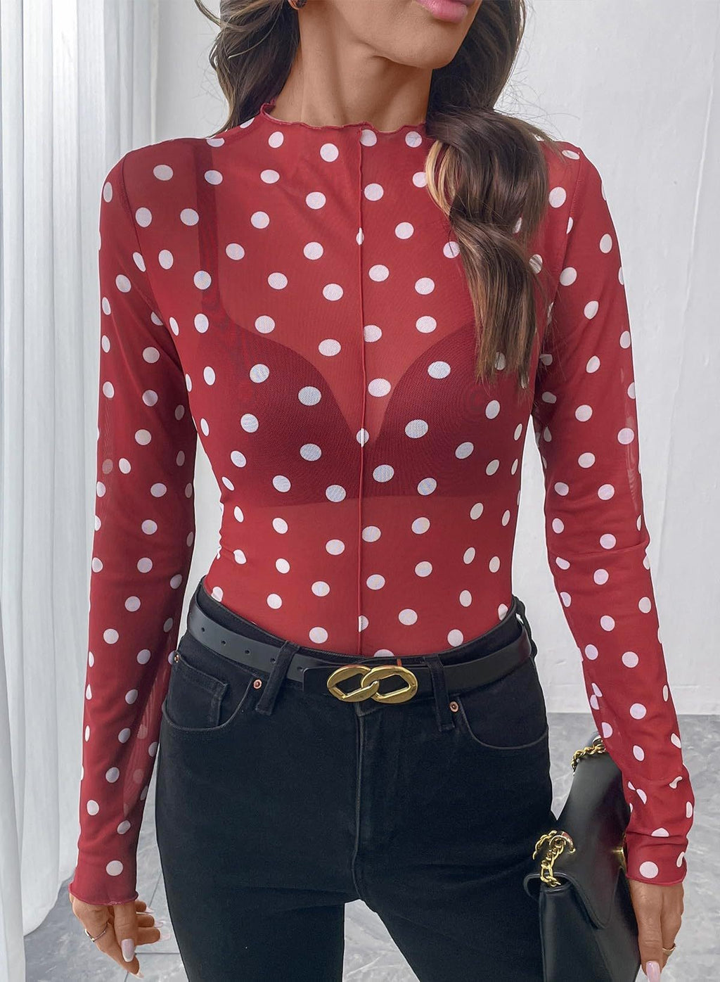 Sheer Mesh Polka Dot Mock Neck Blouse - Red - 3