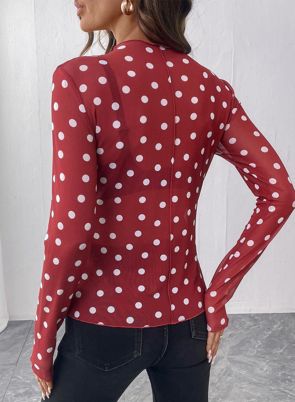 Sheer Mesh Polka Dot Mock Neck Blouse - Red - 4