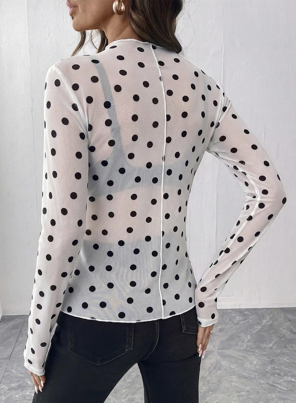 Sheer Mesh Polka Dot Mock Neck Blouse - White - 3