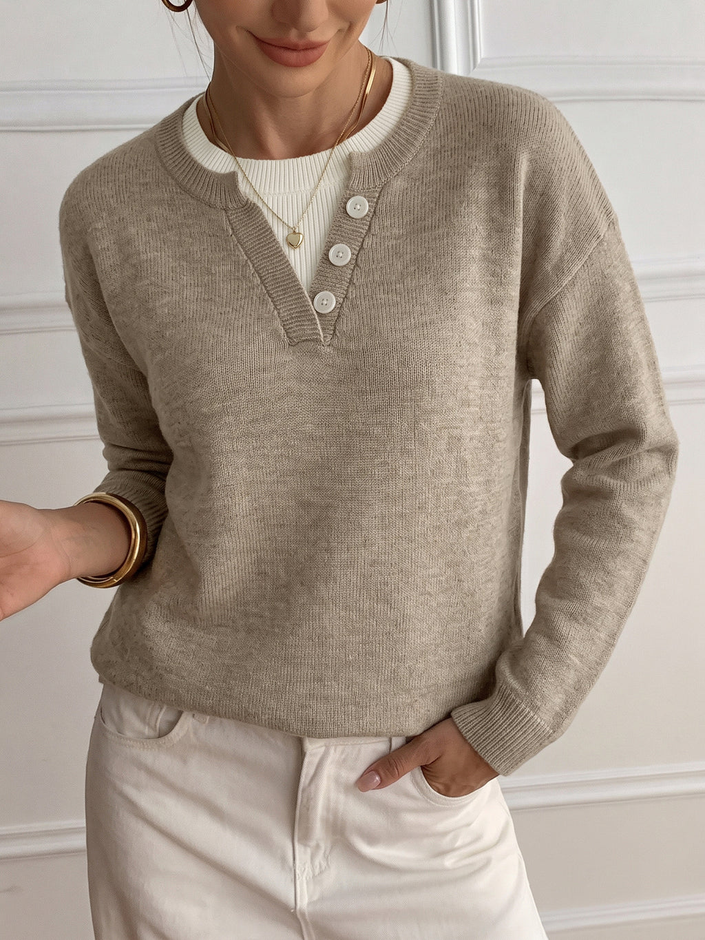 Faux Layered Henley Knit Sweater With Buttons - Khaki