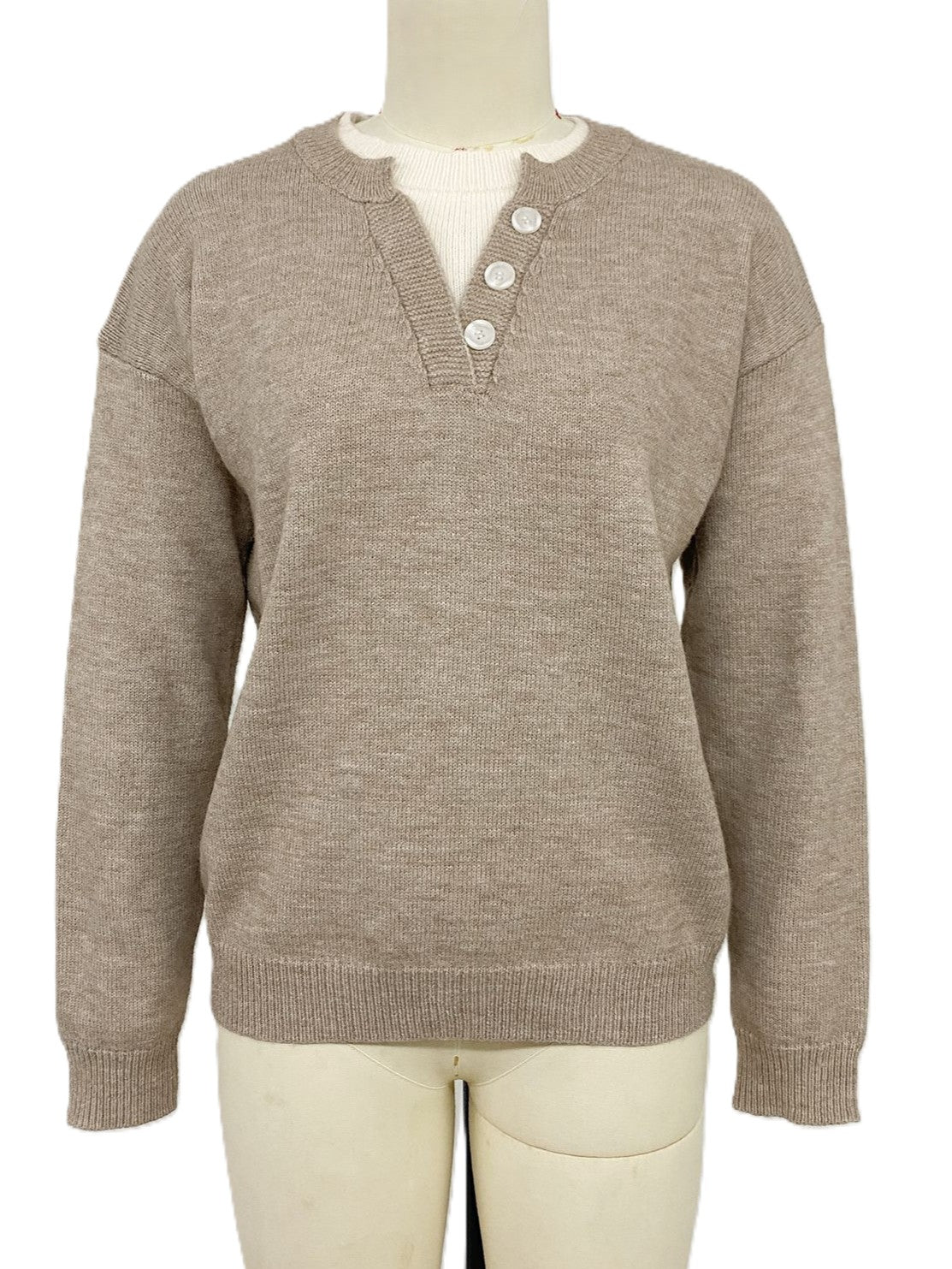 Faux Layered Henley Knit Sweater With Buttons - Khaki - 1