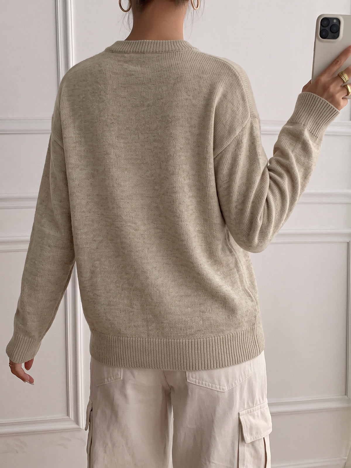 Faux Layered Henley Knit Sweater With Buttons - Khaki - 2