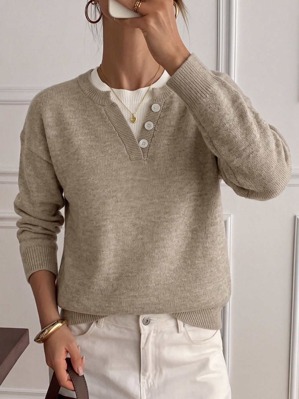 Faux Layered Henley Knit Sweater With Buttons - Khaki - 4