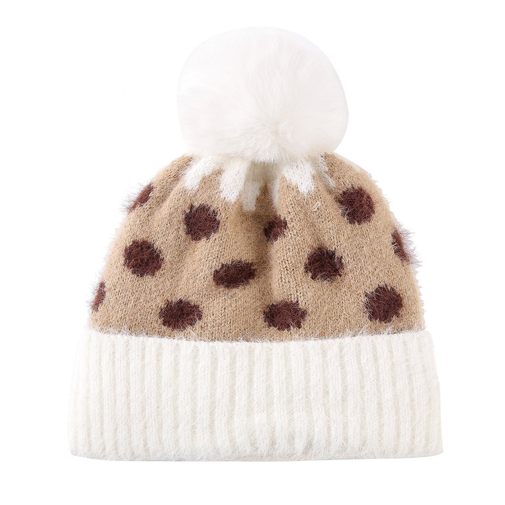 Fuzzy Polka Dot Beanie With Ribbed Contrast Cuff - Beige