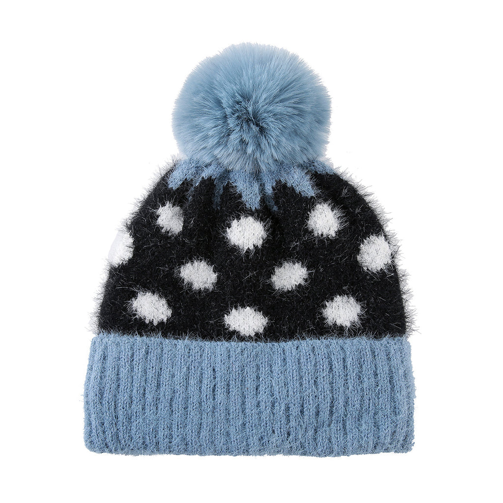 Fuzzy Polka Dot Beanie With Ribbed Contrast Cuff - Black