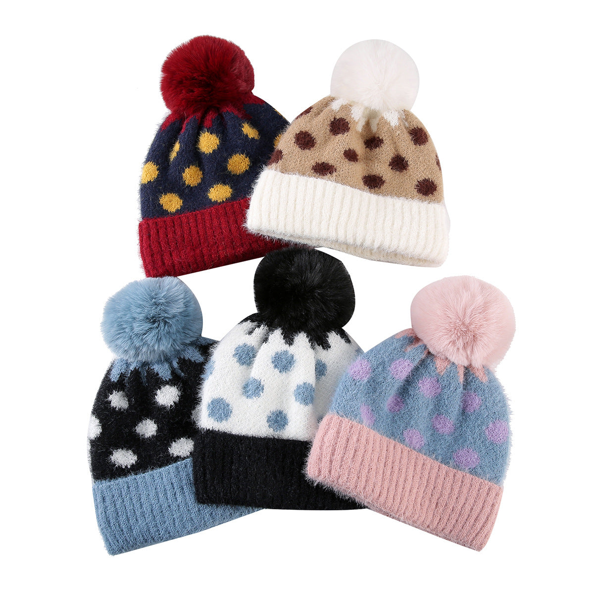 Fuzzy Polka Dot Beanie With Ribbed Contrast Cuff - Black - 1