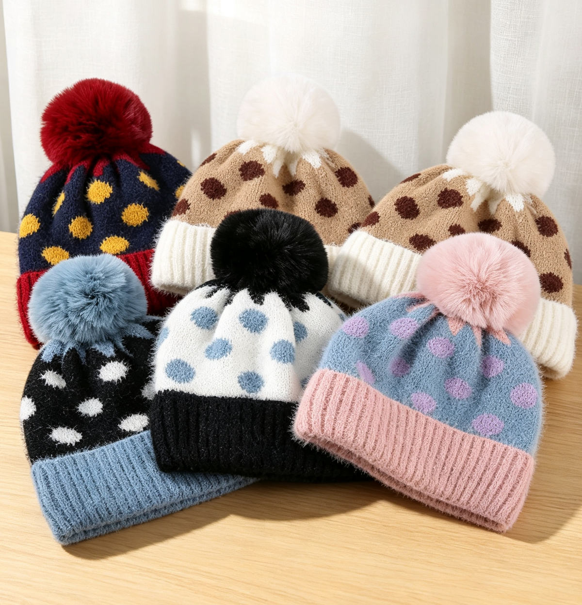 Fuzzy Polka Dot Beanie With Ribbed Contrast Cuff - Black - 2