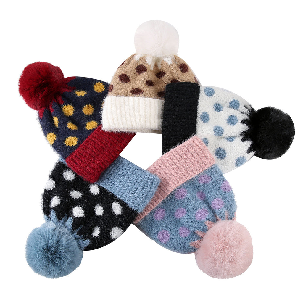 Fuzzy Polka Dot Beanie With Ribbed Contrast Cuff - Black - 3