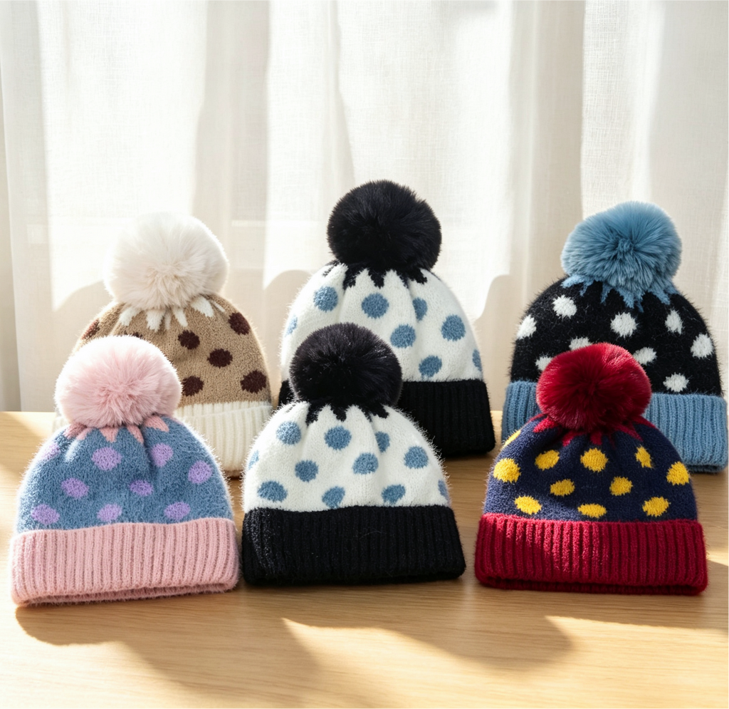 Fuzzy Polka Dot Beanie With Ribbed Contrast Cuff - Black - 4