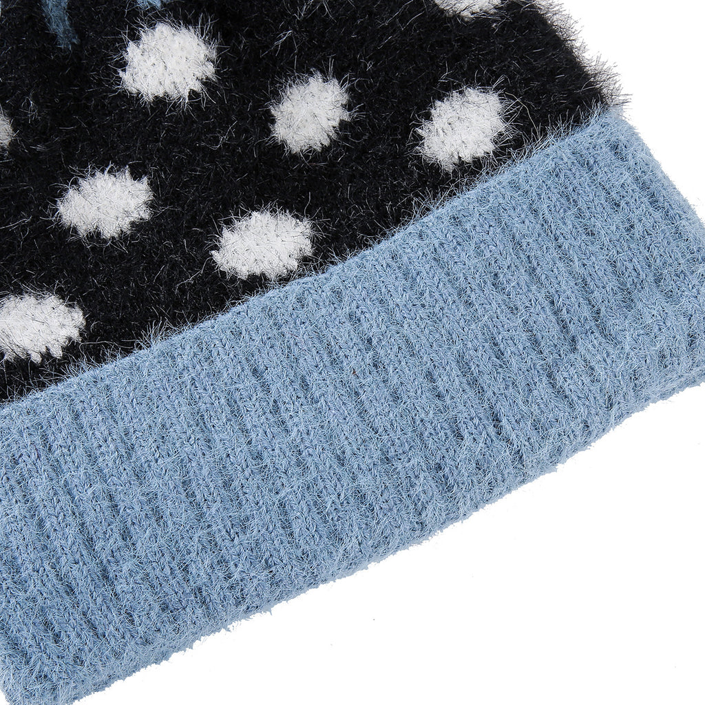 Fuzzy Polka Dot Beanie With Ribbed Contrast Cuff - Black - 5