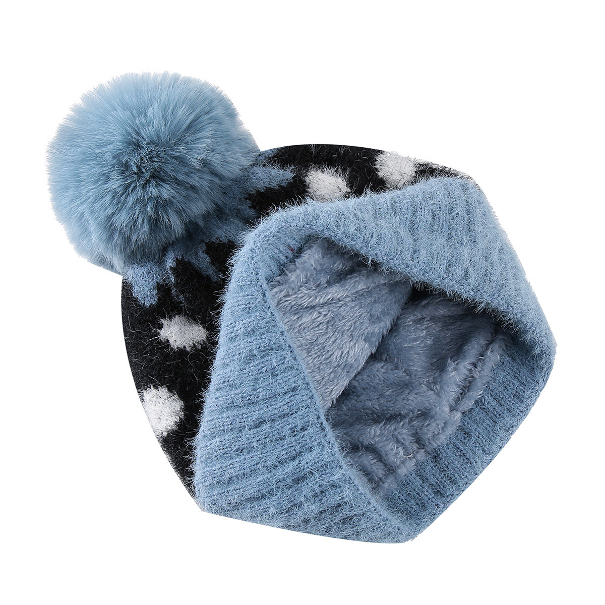 Fuzzy Polka Dot Beanie With Ribbed Contrast Cuff - Black - 6