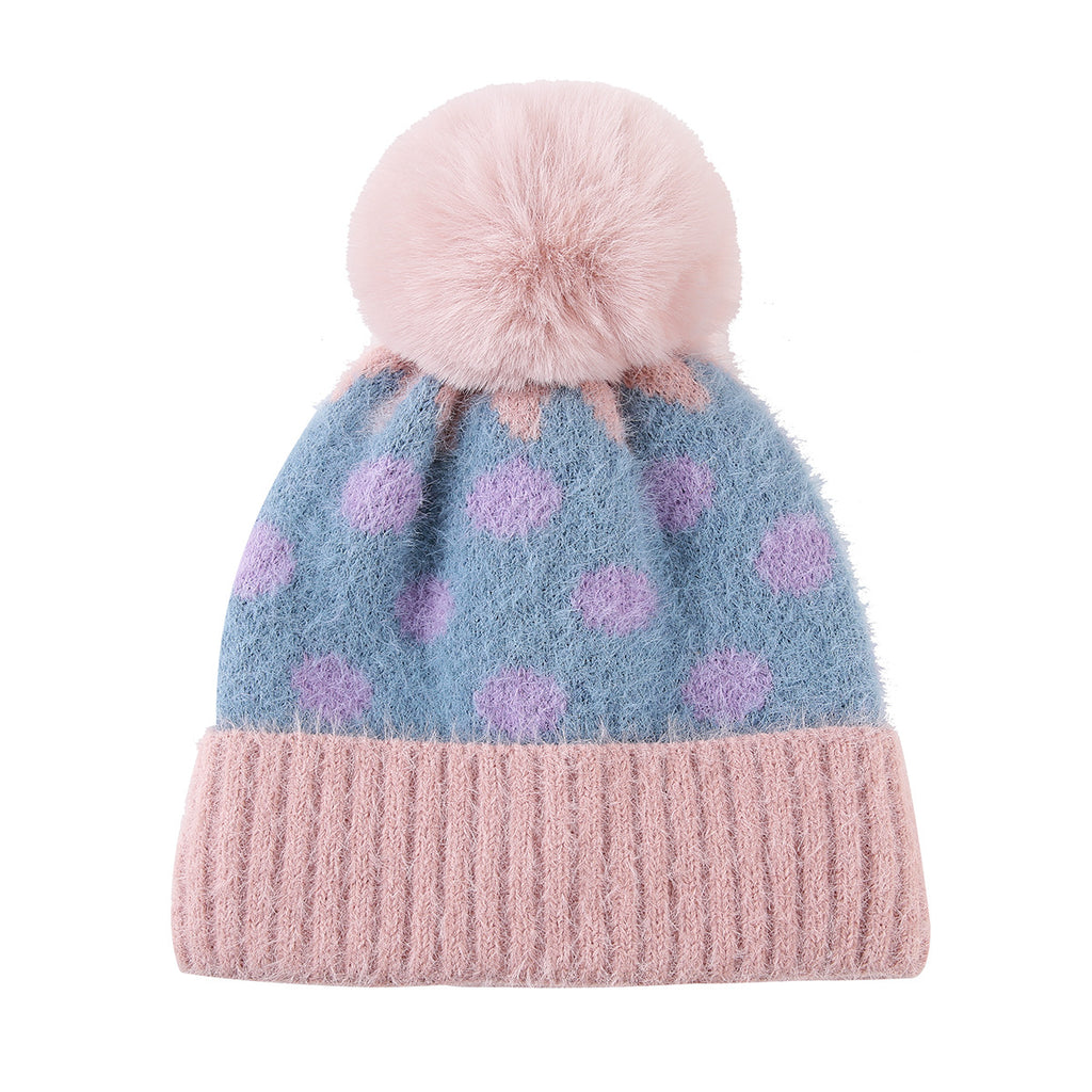 Fuzzy Polka Dot Beanie With Ribbed Contrast Cuff - Pink