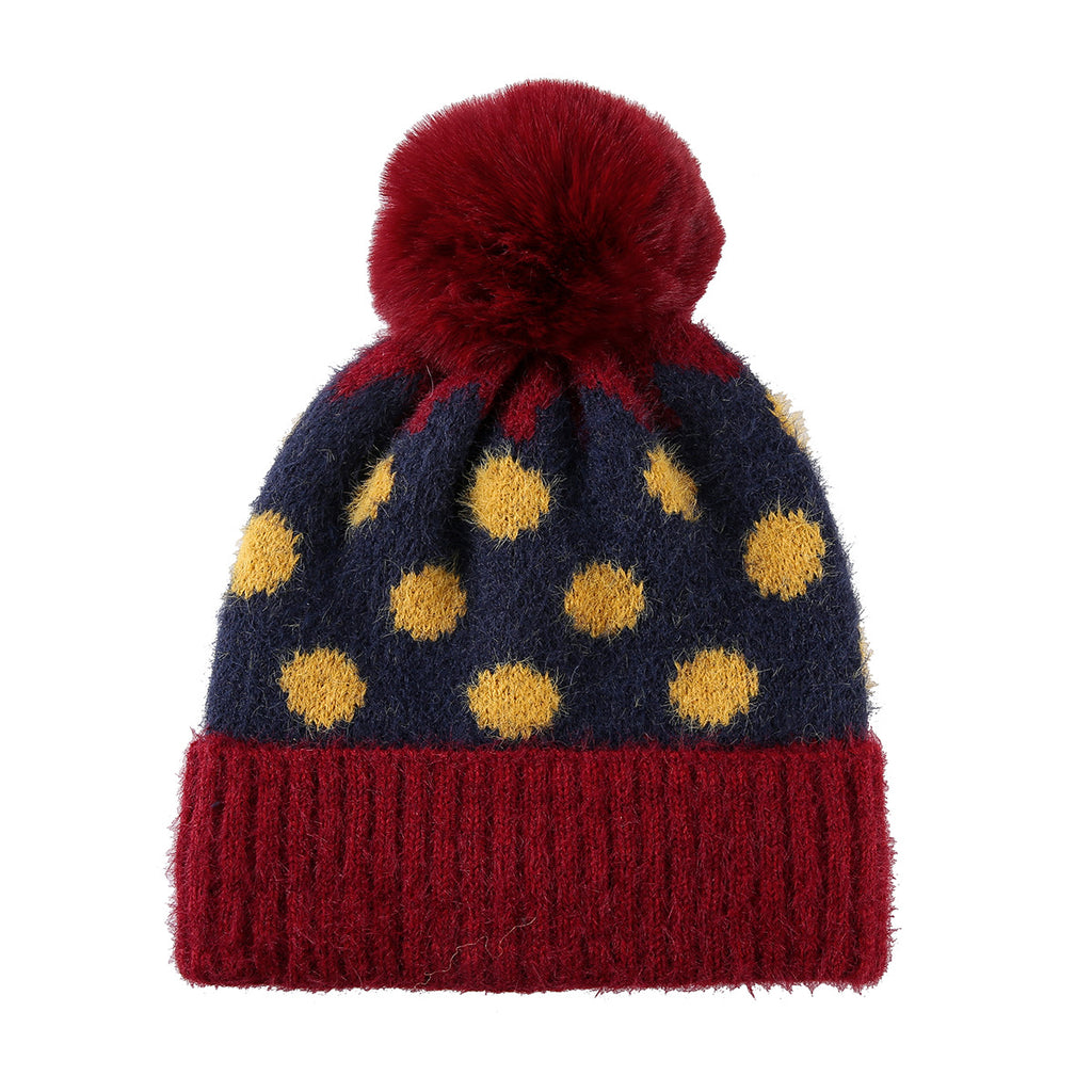 Fuzzy Polka Dot Beanie With Ribbed Contrast Cuff - Red