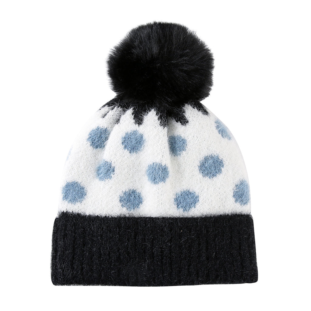 Fuzzy Polka Dot Beanie With Ribbed Contrast Cuff - White