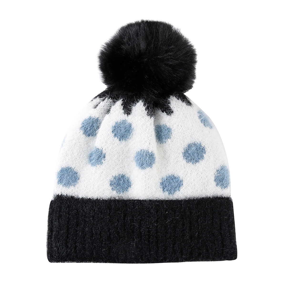 Fuzzy Polka Dot Beanie With Ribbed Contrast Cuff - White