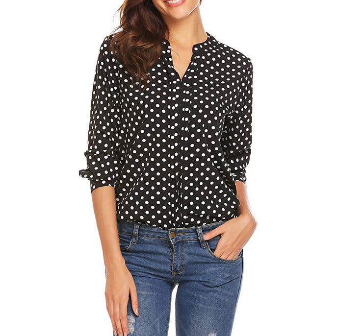 Dotted Split Neck Blouse With Roll Tab Sleeves - Black