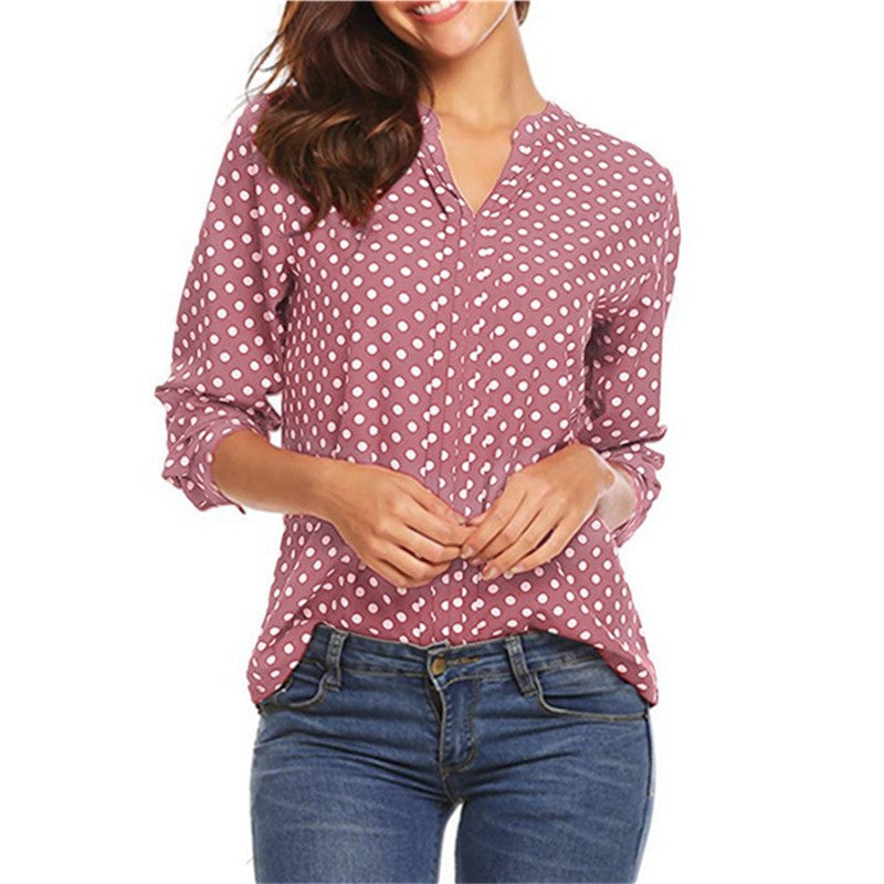 Dotted Split Neck Blouse With Roll Tab Sleeves - Pink