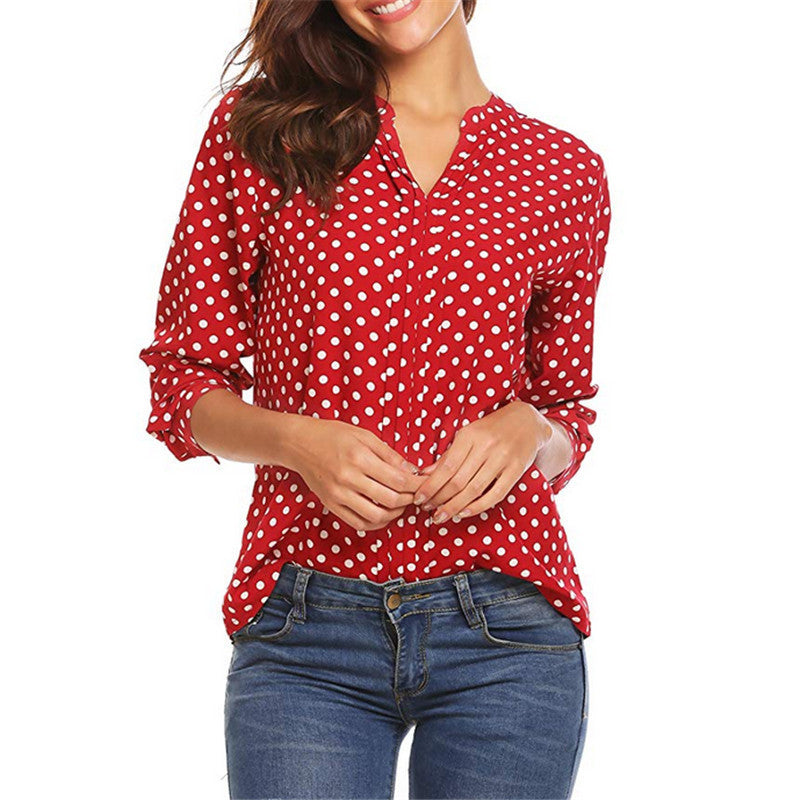 Dotted Split Neck Blouse With Roll Tab Sleeves - Red