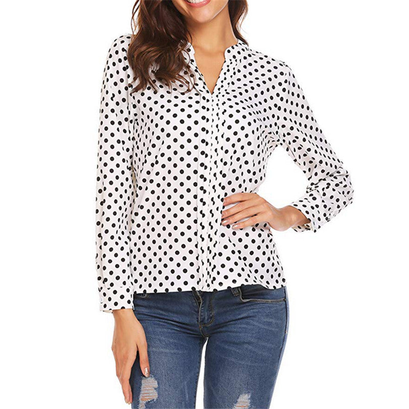 Dotted Split Neck Blouse With Roll Tab Sleeves - White