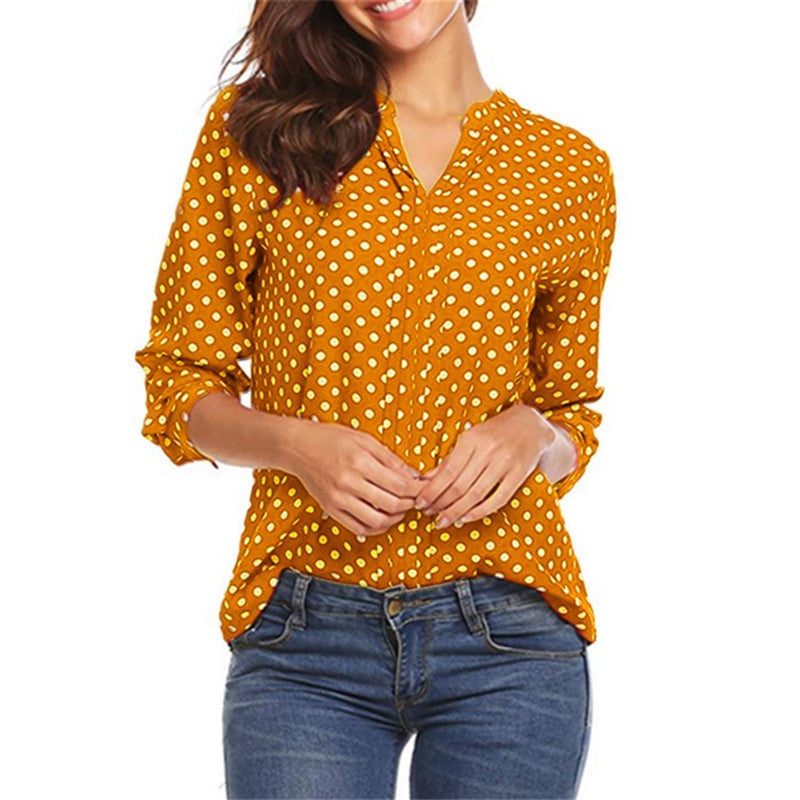 Dotted Split Neck Blouse With Roll Tab Sleeves - Yellow