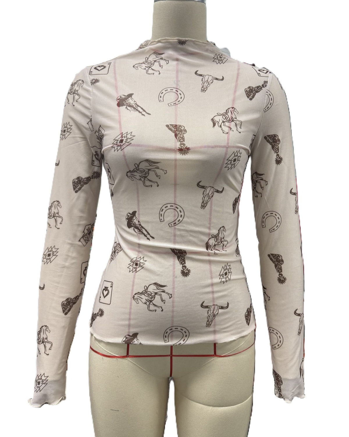 Boho Sheer Mesh Mock-Neck Western Floral Top - Apricot
