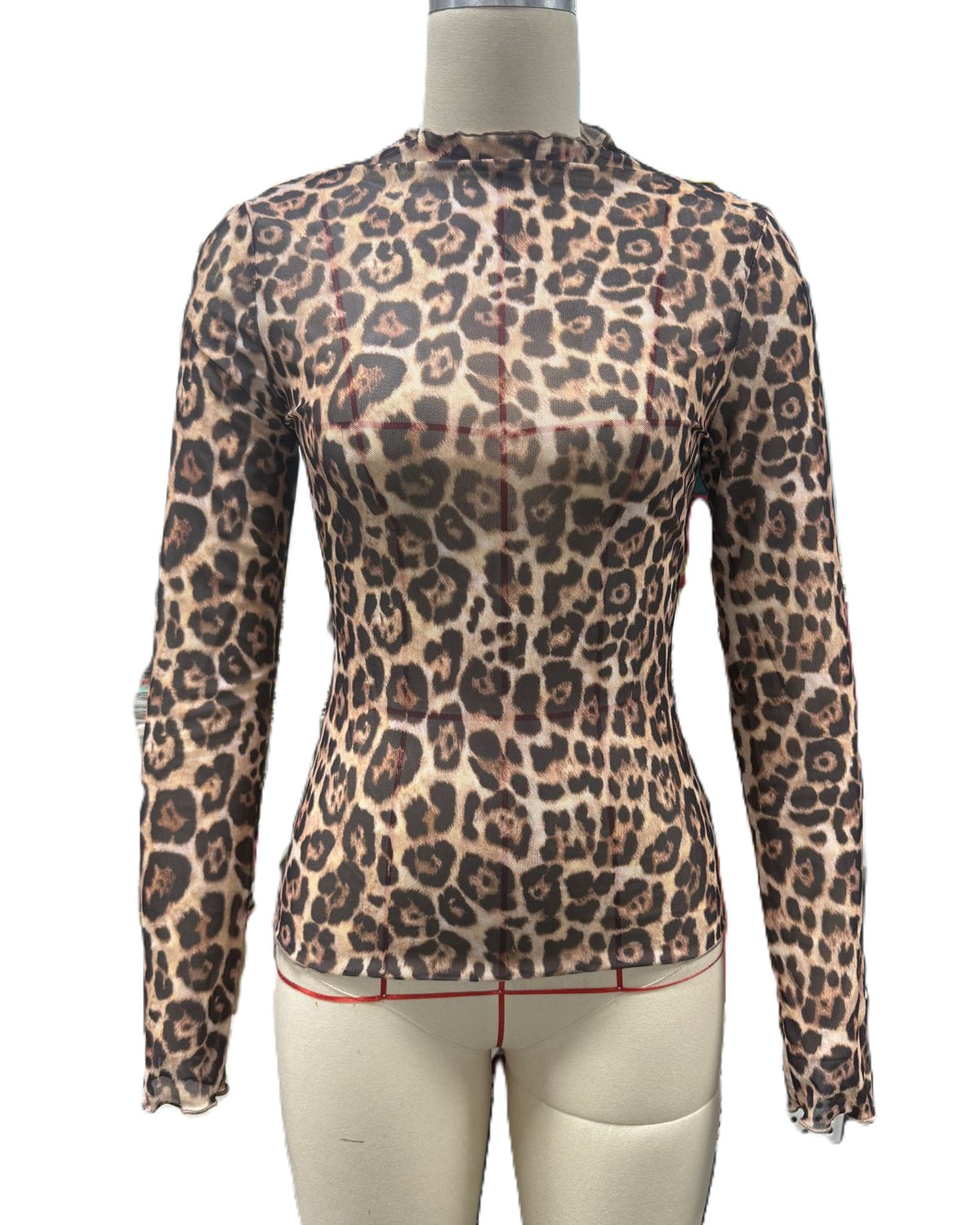 Boho Sheer Mesh Mock-Neck Western Floral Top - Leopard