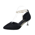 Pearl Ankle Strap Glitter Pointed Toe Heels - Black