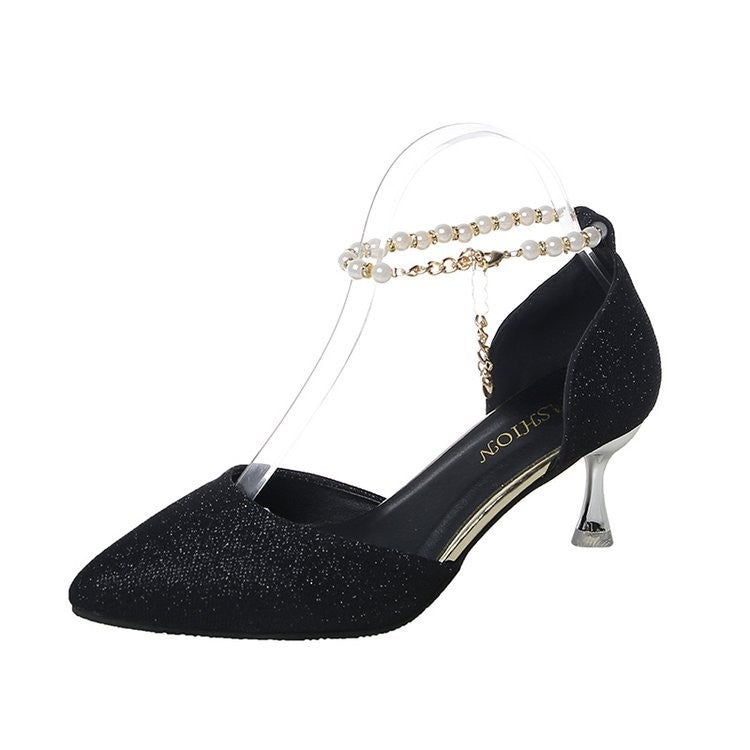 Pearl Ankle Strap Glitter Pointed Toe Heels - Black