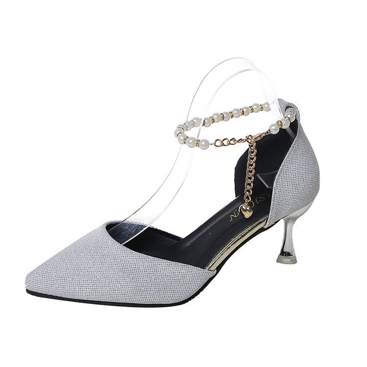 Pearl Ankle Strap Glitter Pointed Toe Heels - Silver