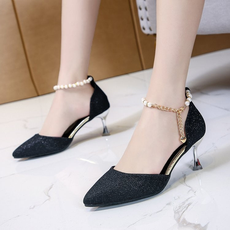 Pearl Ankle Strap Glitter Pointed Toe Heels