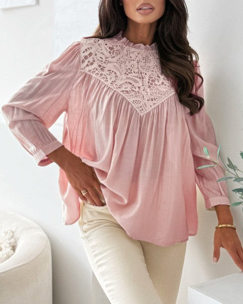 Ruffle-Neck Crochet Lace Top with Long Sleeves - Pink
