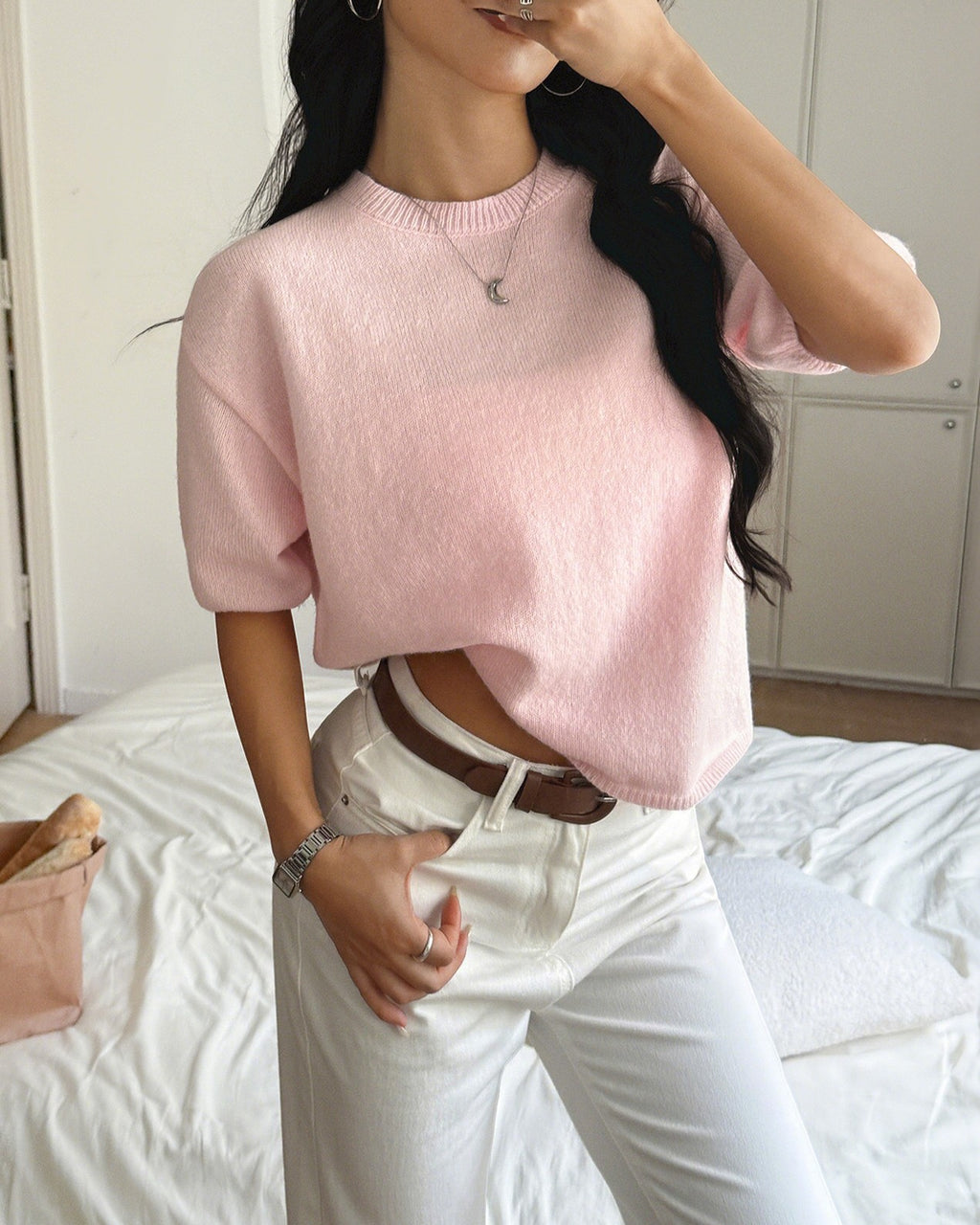 Classic Short Sleeve Crew Neck Knit Top - Pink - 1