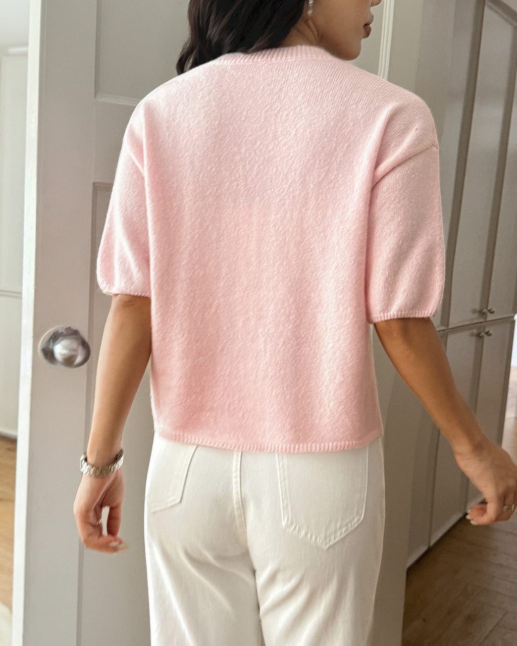 Classic Short Sleeve Crew Neck Knit Top - Pink - 2