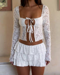 Sheer Lace Corset Top With Tiered Mini Skirt - White