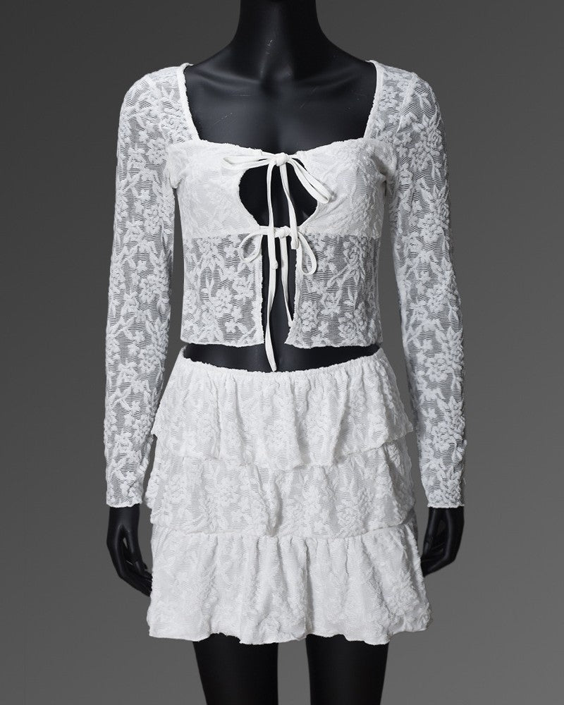 Sheer Lace Corset Top With Tiered Mini Skirt - White - 1
