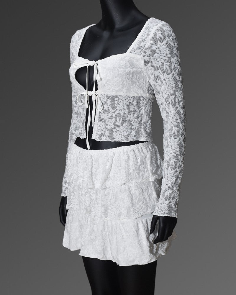 Sheer Lace Corset Top With Tiered Mini Skirt - White - 2
