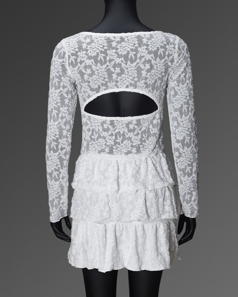 Sheer Lace Corset Top With Tiered Mini Skirt - White - 3