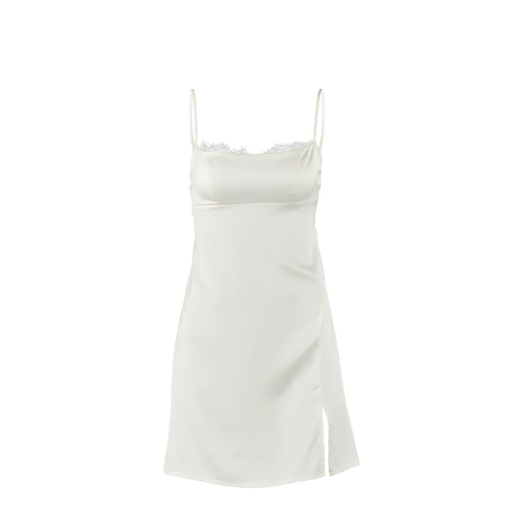 Satin Lace Trim Tie Back Mini Slip Nightgown