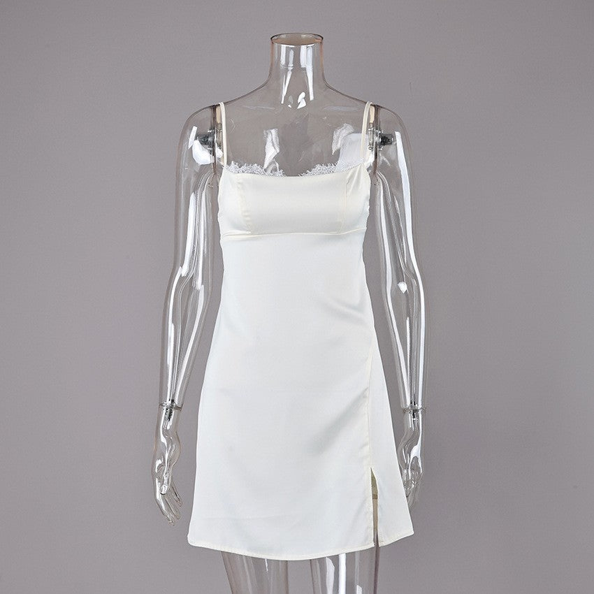 Satin Lace Trim Tie Back Mini Slip Nightgown