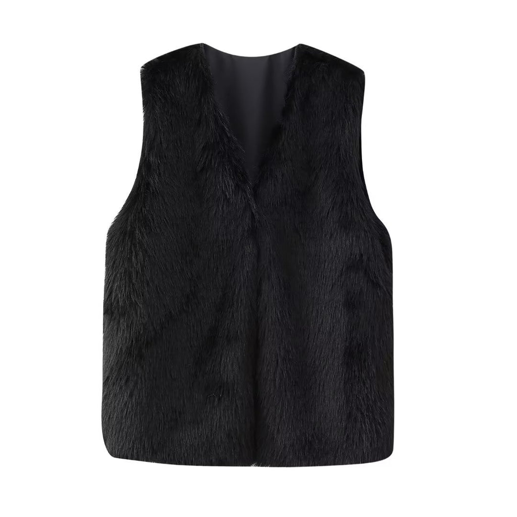 Faux Fur V-Neck Sleeveless Vest - Black