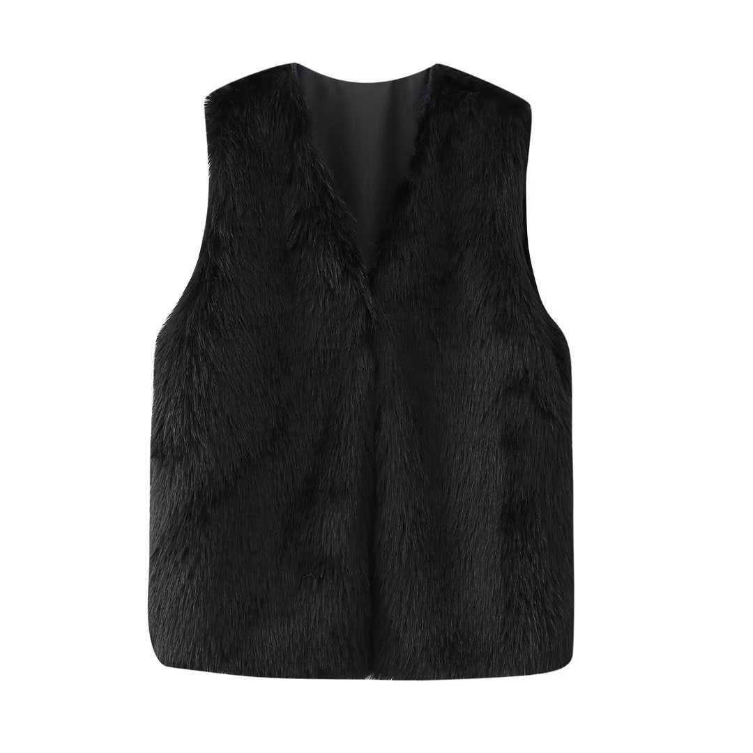 Faux Fur V-Neck Sleeveless Vest - Black