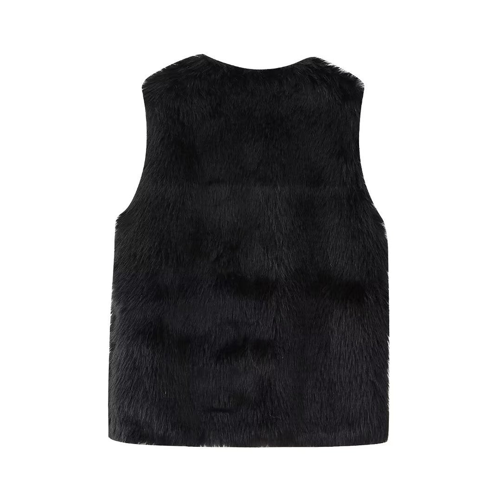 Faux Fur V-Neck Sleeveless Vest - Black - 1